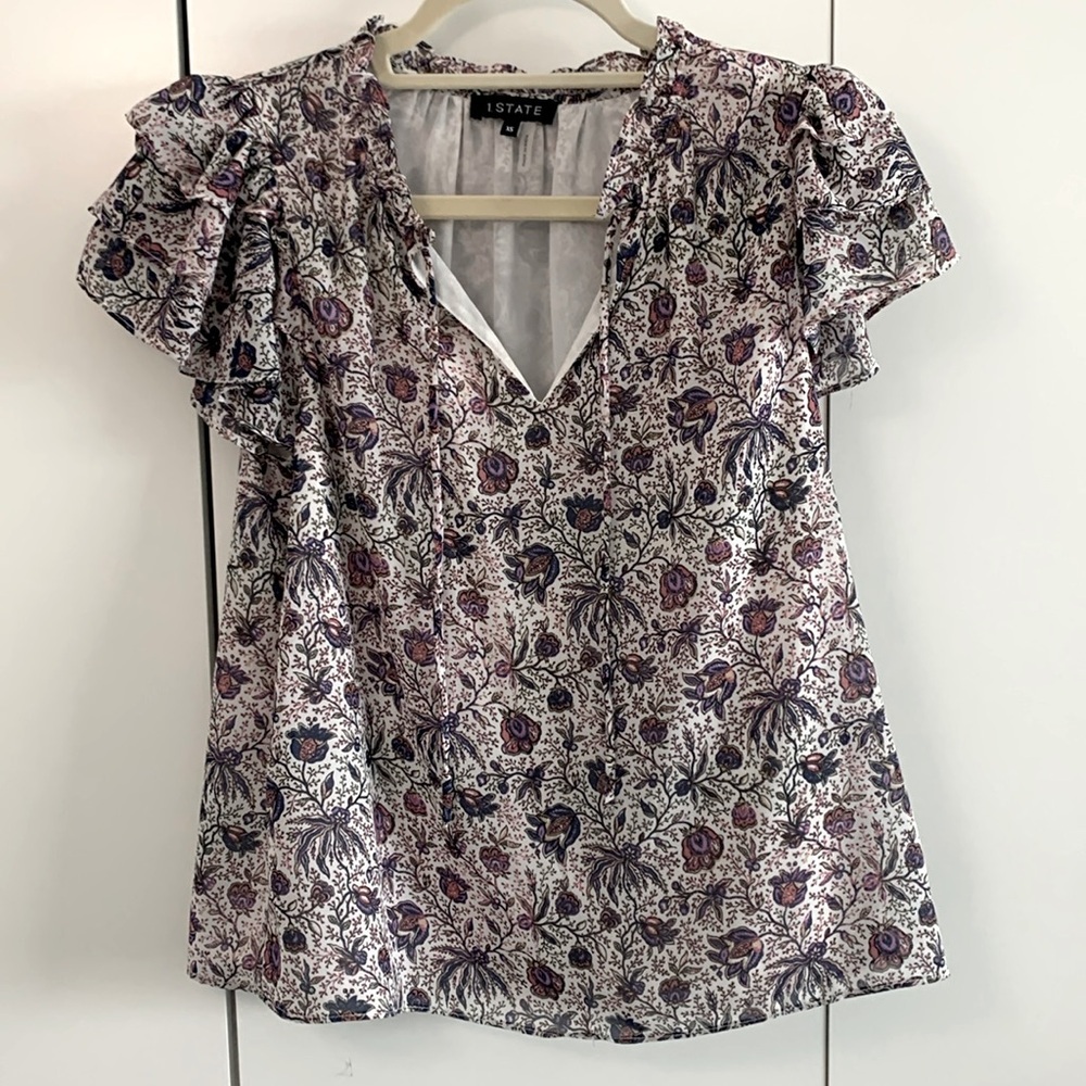 1.STATE Women’s Paisley Flutter Sleeve Tie Neck Blouse